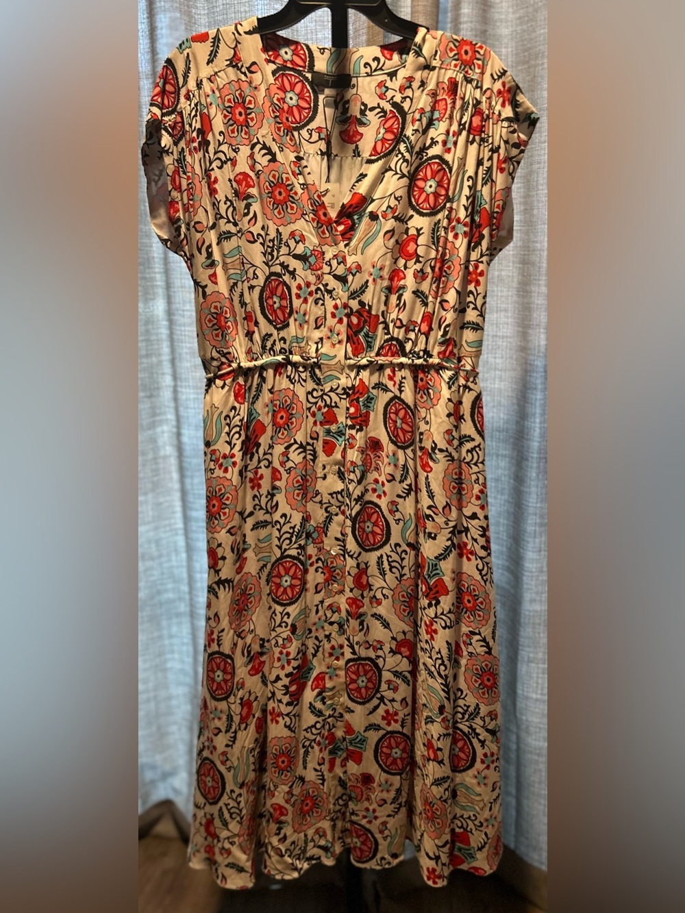 Tahari Beige Dress with Red, Coral & Turquoise Floral Print